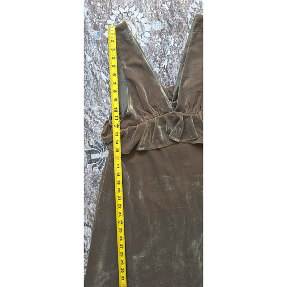 VTG Green Brown Velvet Deep V-Neck Ruffle Lined Pockets WhimsyGoth Fairy Dress - Picture 6 of 9